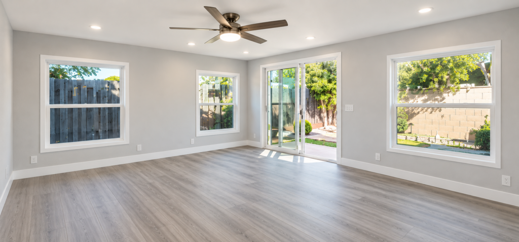 Finished room addition in Carmichael with large windows and a sliding door to the backyard